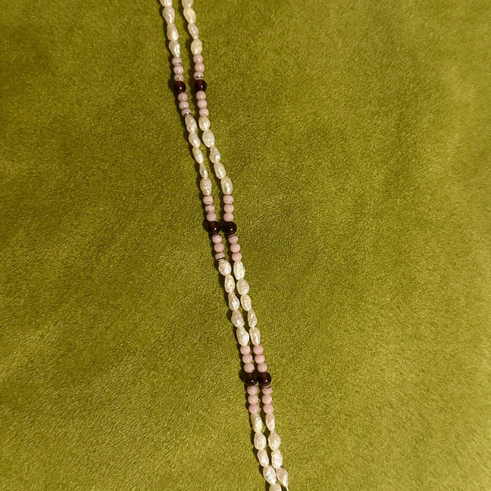 White Natural Rice Pearl with red and purple Garnet Double Bracelet 8”